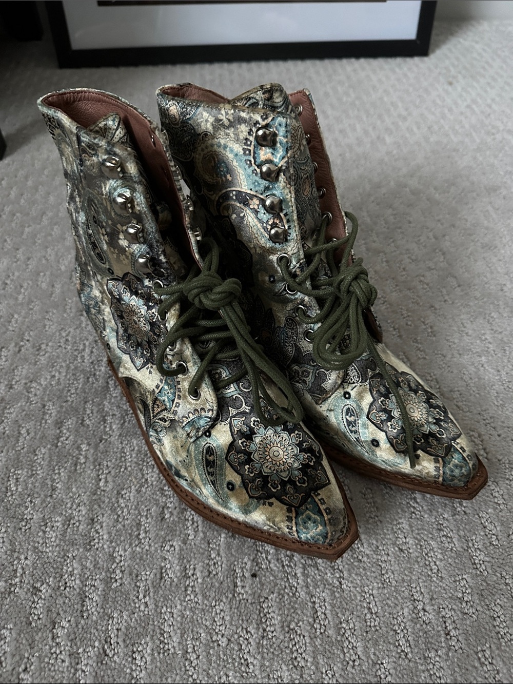 Jeffrey Campbell Paisley Embossed Lace-Up Ankle Boots in Teal and Olive Green